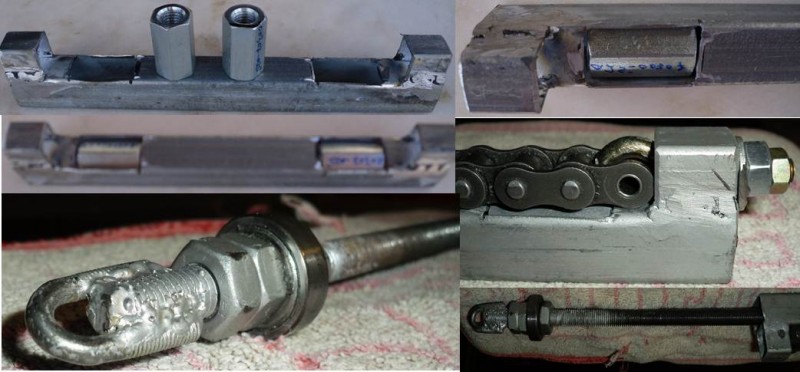 É visivel o suporte feito de tubo galvanizado de 20mm com as duas porcas de união m10 por onde vai passar o varão roscado. Nos extremos, os dois pontos de apoio, para a corrente são de tubo quadrado galvanizado de 16mm A corrente num dos extremos está fixa e no outro tem um esticador. O tubo roscado tem soldado uma peça em U onde irá engatar o motor de forma a fazer um cardan. Tem um rolamento fixado a com porcas M10