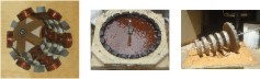 Fig. 01 Túnel de bobinas criado p/ os cinco rotores de doze imãs.<br />Fig. 02 Rotor de dezoito imãs na forma sendo resinado.<br />Fig. 03 Rotor de dezoito imãs juntamente dos demais. Ainda órfão de seu estator, reduziu a voltagem do conjunto de doze imãs, que era de 5 V, para 3 V. Obviamente devido a redução da velocidade proporcionada pelo seu peso.