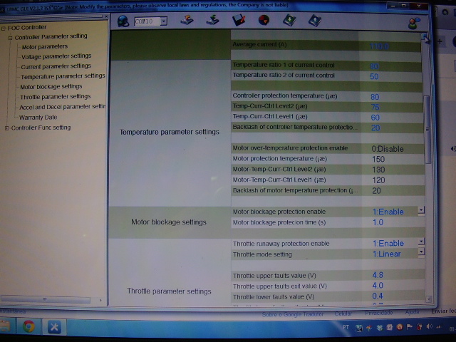 2ª pagina das configurações do controlador. Temperaturas afinadas por baixo, e com diminuição de potencia por duas etapas diferentes antes do corte de corrente por completo.