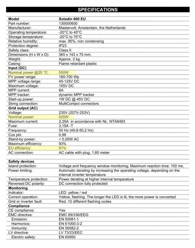 Especificações do Soladin Mastervolt 600